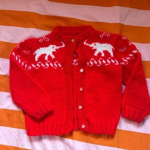 HAND KNIT Vintage Red Knit Cardigan with White Elephant Design